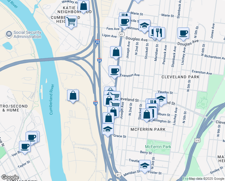 map of restaurants, bars, coffee shops, grocery stores, and more near in Nashville