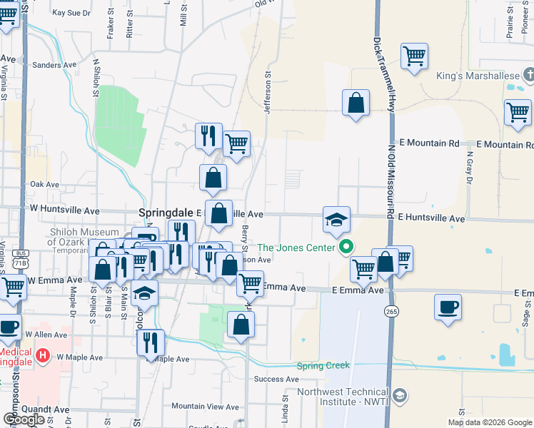 map of restaurants, bars, coffee shops, grocery stores, and more near 513 Jefferson Street in Springdale