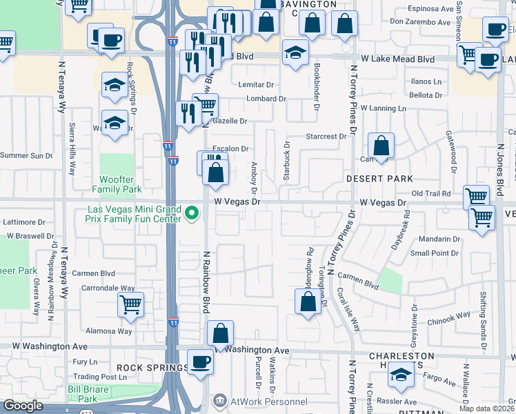 map of restaurants, bars, coffee shops, grocery stores, and more near 1609 Amboy Drive in Las Vegas