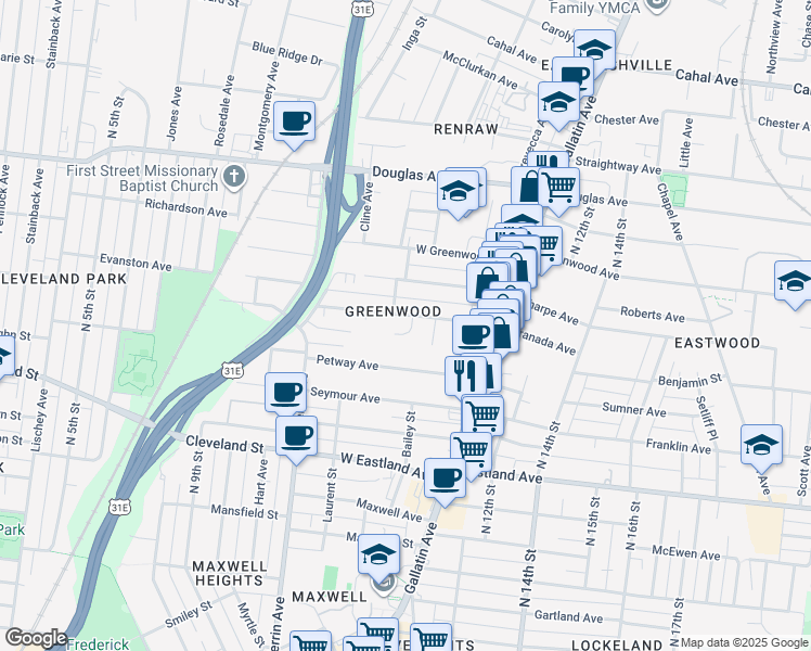 map of restaurants, bars, coffee shops, grocery stores, and more near 1013 Granada Court in Nashville
