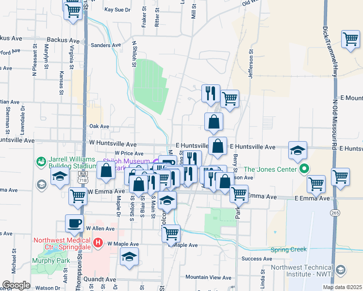 map of restaurants, bars, coffee shops, grocery stores, and more near Spring Street in Springdale