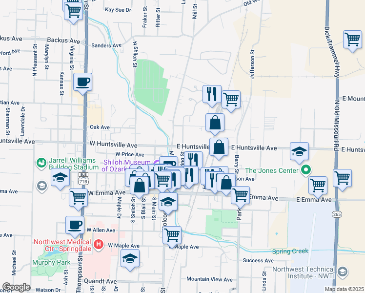 map of restaurants, bars, coffee shops, grocery stores, and more near Spring Street in Springdale