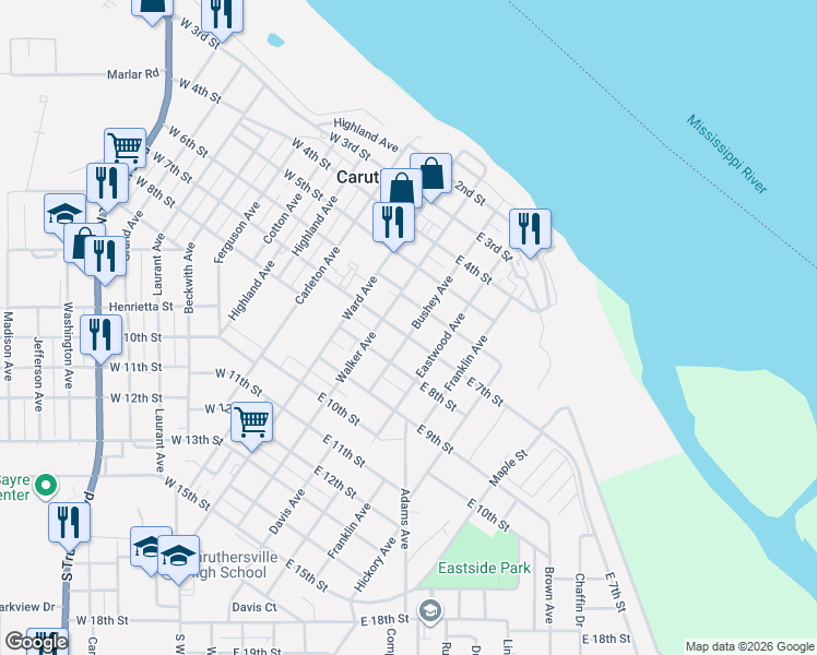 map of restaurants, bars, coffee shops, grocery stores, and more near 204 East 6th Street in Caruthersville