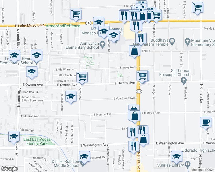 map of restaurants, bars, coffee shops, grocery stores, and more near 4891 East Owens Avenue in Las Vegas