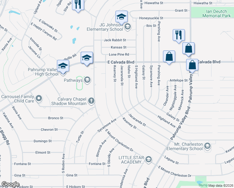 map of restaurants, bars, coffee shops, grocery stores, and more near 2151 Kearney Street in Pahrump