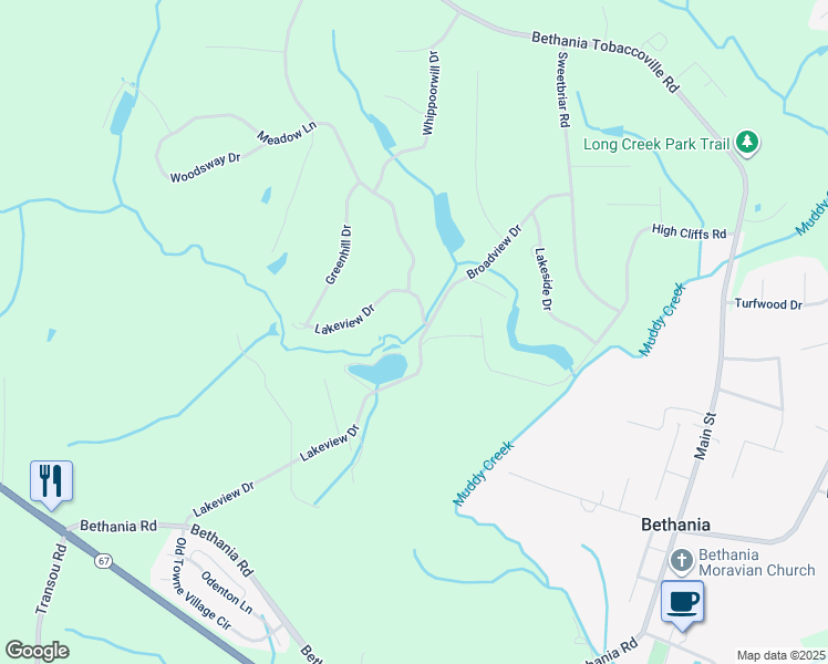 map of restaurants, bars, coffee shops, grocery stores, and more near 3705 Lakeview Drive in Pfafftown