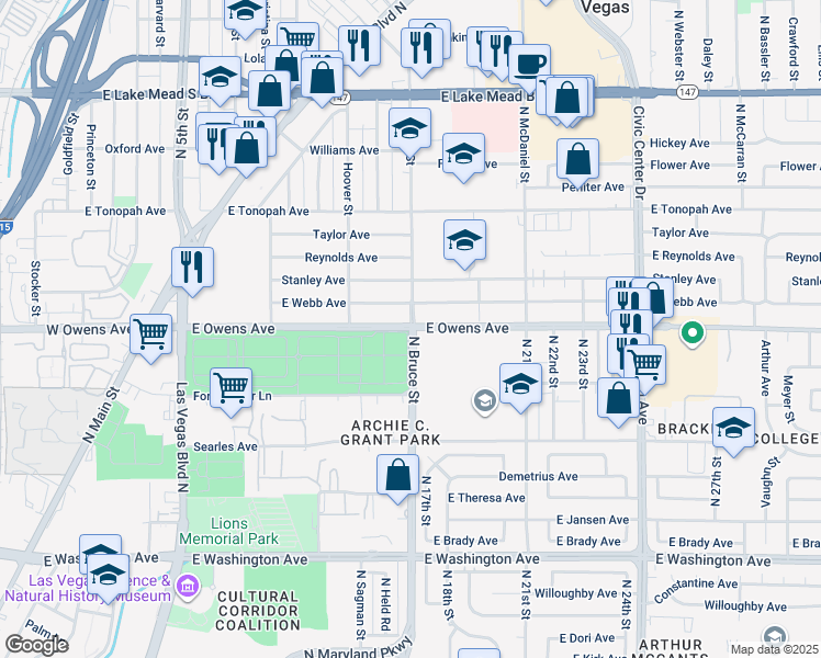 map of restaurants, bars, coffee shops, grocery stores, and more near E Owens Ave & N Bruce St in Las Vegas