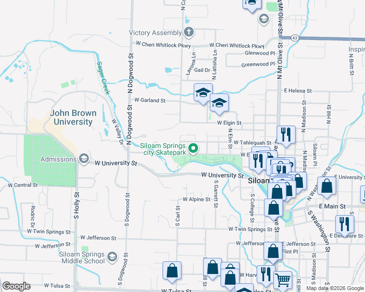 map of restaurants, bars, coffee shops, grocery stores, and more near 815 West Tahlequah Street in Siloam Springs