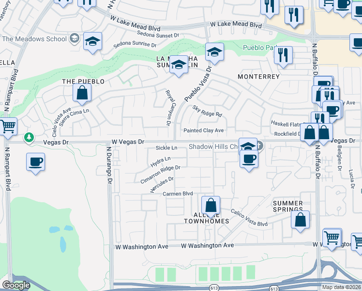 map of restaurants, bars, coffee shops, grocery stores, and more near 1604 Wandering Winds Way in Las Vegas