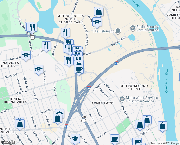 map of restaurants, bars, coffee shops, grocery stores, and more near 101 French Landing Drive in Nashville