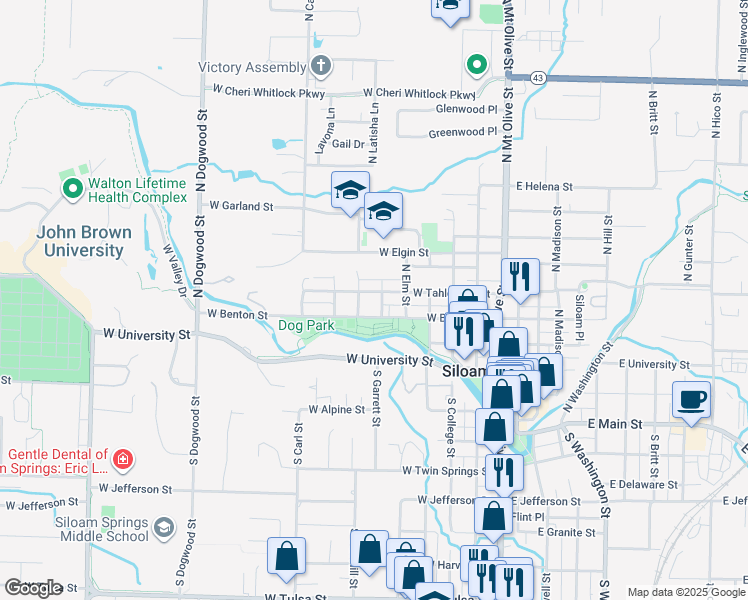 map of restaurants, bars, coffee shops, grocery stores, and more near 601 West Tahlequah Street in Siloam Springs