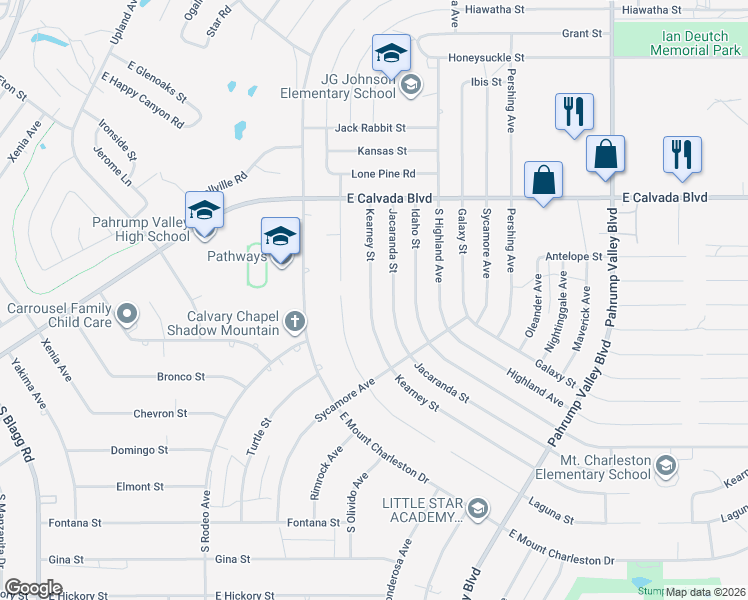 map of restaurants, bars, coffee shops, grocery stores, and more near 2151 Kearney Street in Pahrump