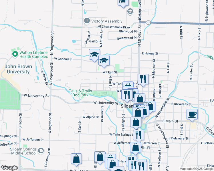 map of restaurants, bars, coffee shops, grocery stores, and more near 601 West Tahlequah Street in Siloam Springs