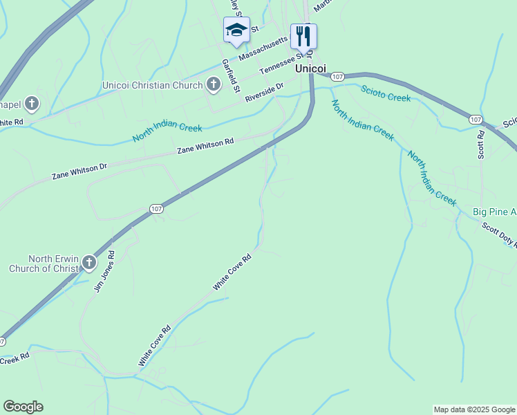 map of restaurants, bars, coffee shops, grocery stores, and more near 220 White Cove Road in Unicoi