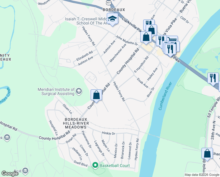 map of restaurants, bars, coffee shops, grocery stores, and more near 1612 County Hospital Road in Nashville