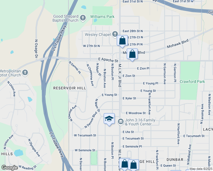 map of restaurants, bars, coffee shops, grocery stores, and more near 2431 North Boston Avenue in Tulsa