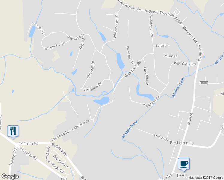 map of restaurants, bars, coffee shops, grocery stores, and more near 3705 Lakeview Drive in Pfafftown