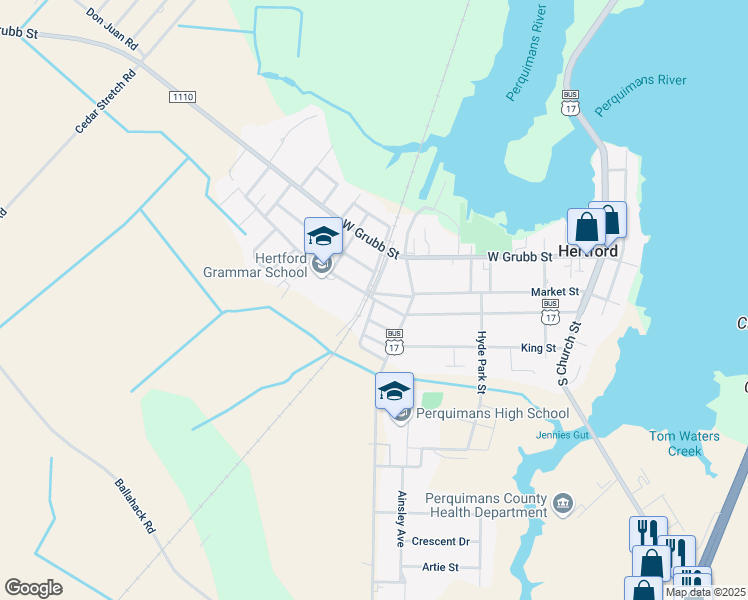 map of restaurants, bars, coffee shops, grocery stores, and more near Dobbs Street in Hertford