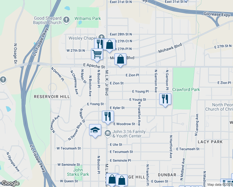 map of restaurants, bars, coffee shops, grocery stores, and more near 225 East Young Place in Tulsa