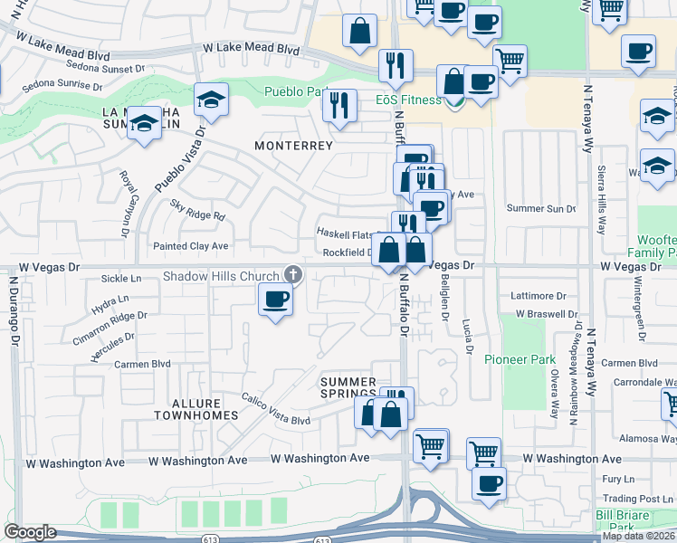map of restaurants, bars, coffee shops, grocery stores, and more near 7717 Rockfield Drive in Las Vegas