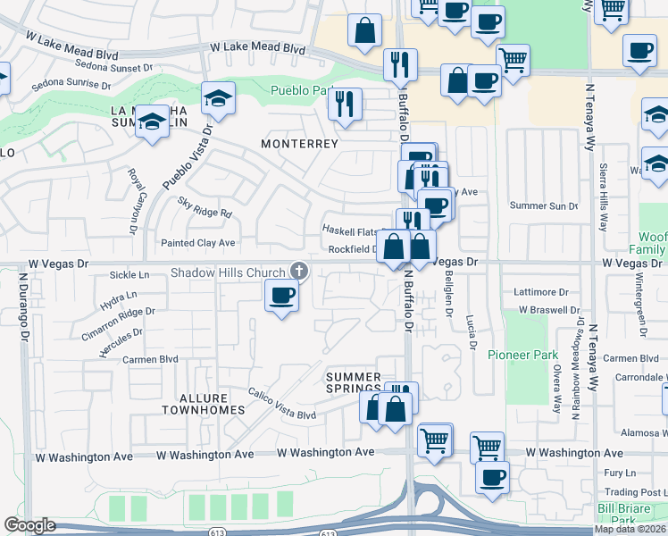 map of restaurants, bars, coffee shops, grocery stores, and more near 7717 Rockfield Drive in Las Vegas