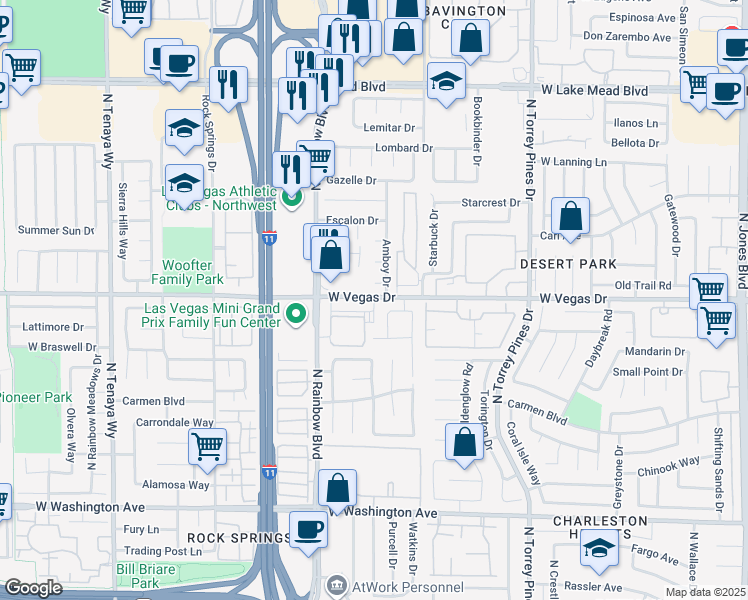 map of restaurants, bars, coffee shops, grocery stores, and more near 6501 Vegas Drive in Las Vegas