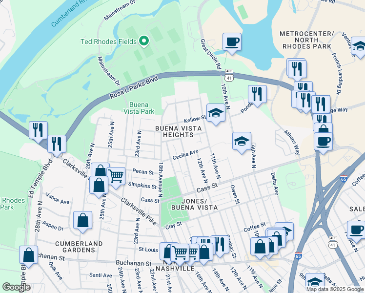 map of restaurants, bars, coffee shops, grocery stores, and more near 1404 Walsh Street in Nashville