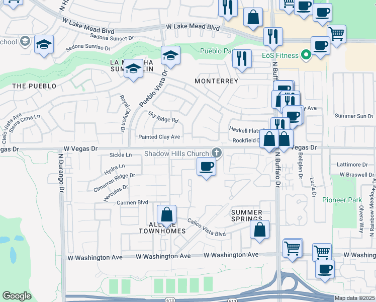 map of restaurants, bars, coffee shops, grocery stores, and more near 1513 Cedar Rock Lane in Las Vegas