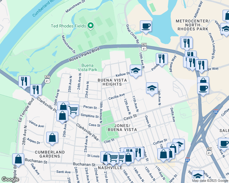 map of restaurants, bars, coffee shops, grocery stores, and more near 1405B Walsh Street in Nashville
