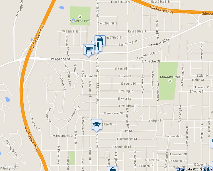 map of restaurants, bars, coffee shops, grocery stores, and more near 225 East Young Place in Tulsa
