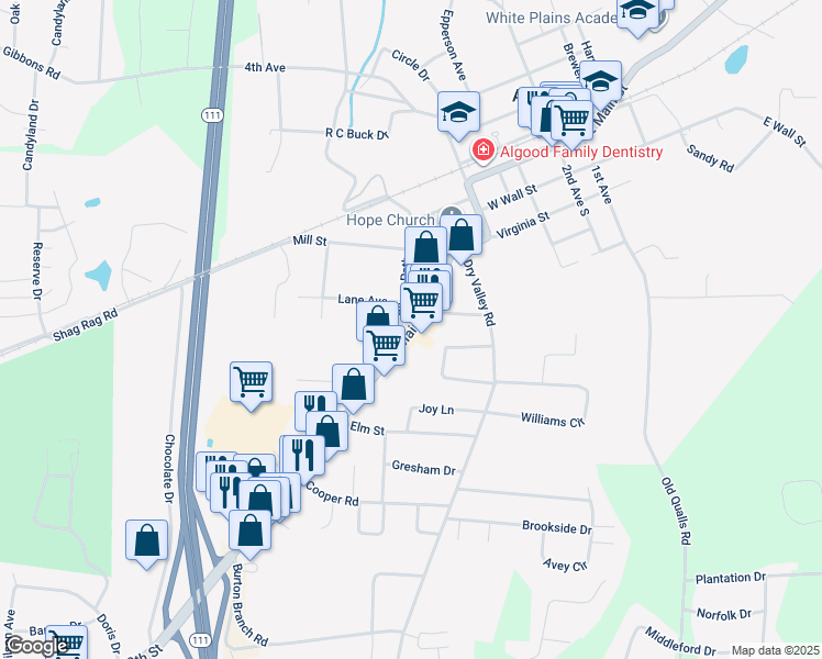 map of restaurants, bars, coffee shops, grocery stores, and more near West Main Street in Cookeville