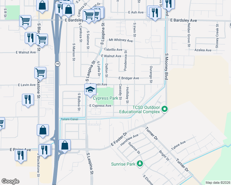 map of restaurants, bars, coffee shops, grocery stores, and more near 1816 Sundance Street in Tulare