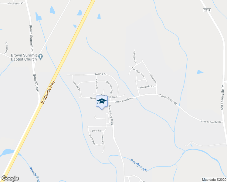 map of restaurants, bars, coffee shops, grocery stores, and more near 5135 Brahman Trail in Greensboro