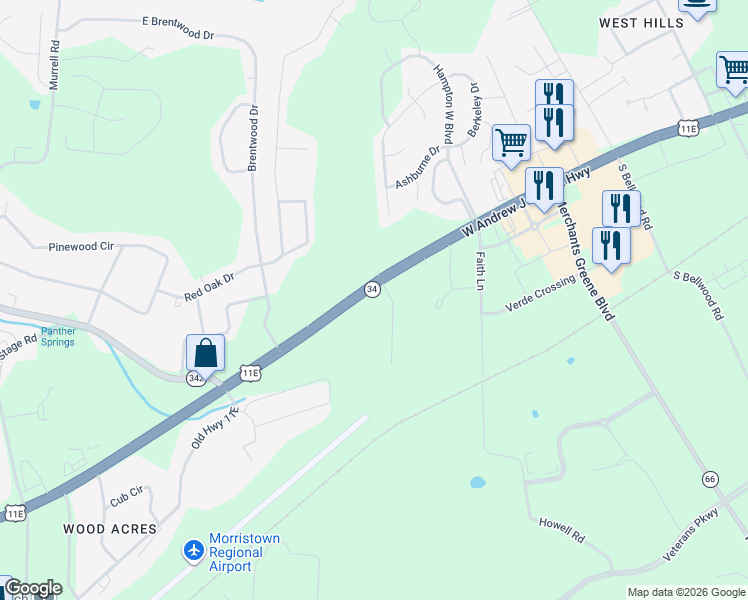 map of restaurants, bars, coffee shops, grocery stores, and more near 294 Suburban Drive in Morristown