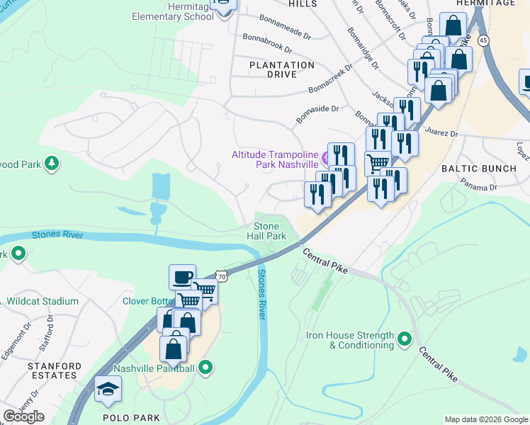 map of restaurants, bars, coffee shops, grocery stores, and more near 1005 Hickory Hill Lane in Nashville