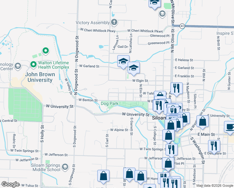 map of restaurants, bars, coffee shops, grocery stores, and more near 707 West Tahlequah Street in Siloam Springs
