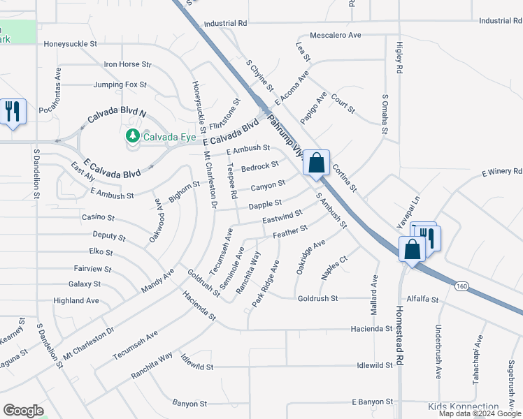 map of restaurants, bars, coffee shops, grocery stores, and more near 2551 Dapple Street in Pahrump