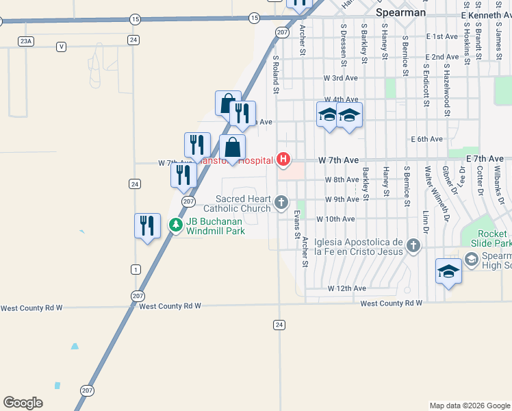 map of restaurants, bars, coffee shops, grocery stores, and more near Golden Circle Drive in Spearman