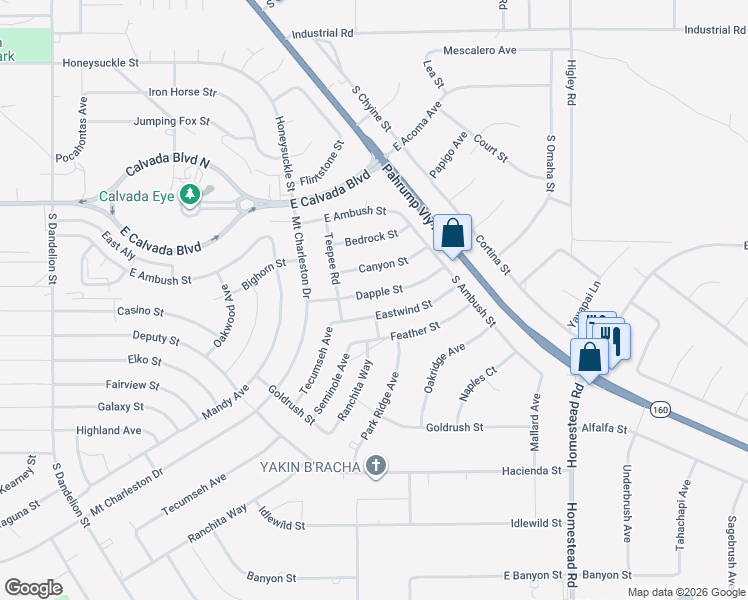map of restaurants, bars, coffee shops, grocery stores, and more near 2551 Dapple Street in Pahrump