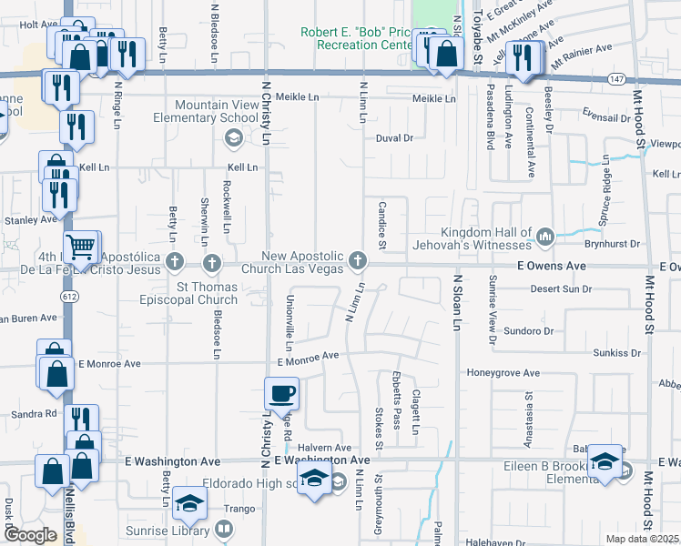map of restaurants, bars, coffee shops, grocery stores, and more near 5657 East Owens Avenue in Las Vegas