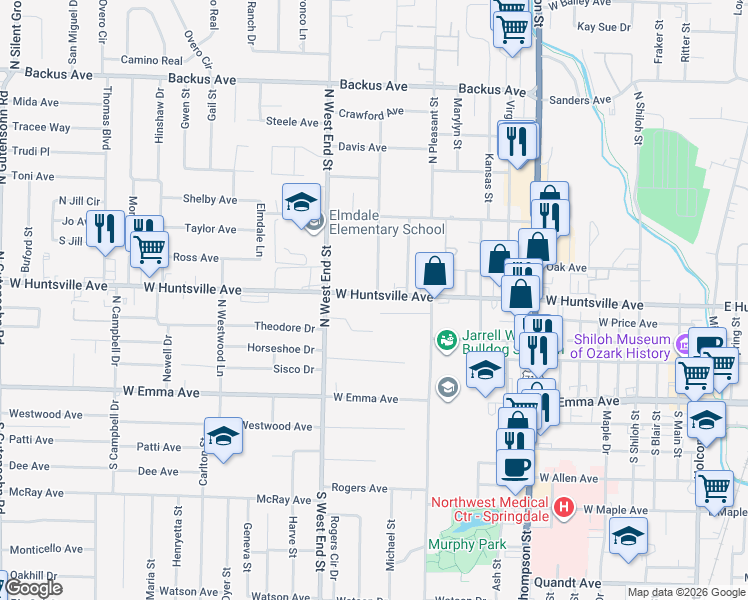 map of restaurants, bars, coffee shops, grocery stores, and more near 1504 West Huntsville Avenue in Springdale