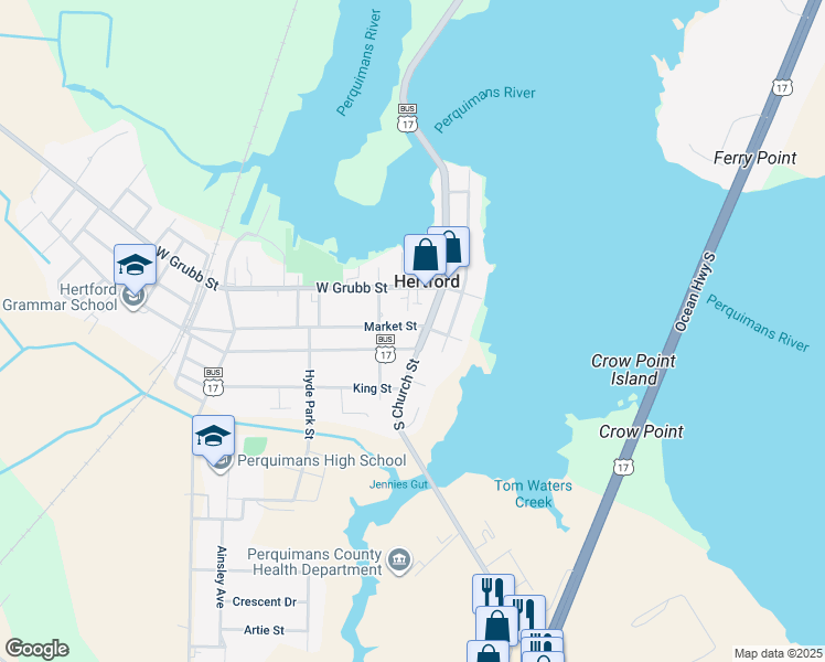 map of restaurants, bars, coffee shops, grocery stores, and more near 124 Market Street in Hertford