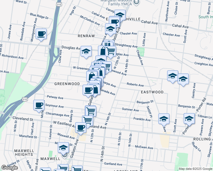 map of restaurants, bars, coffee shops, grocery stores, and more near 1109 Sharpe Avenue in Nashville
