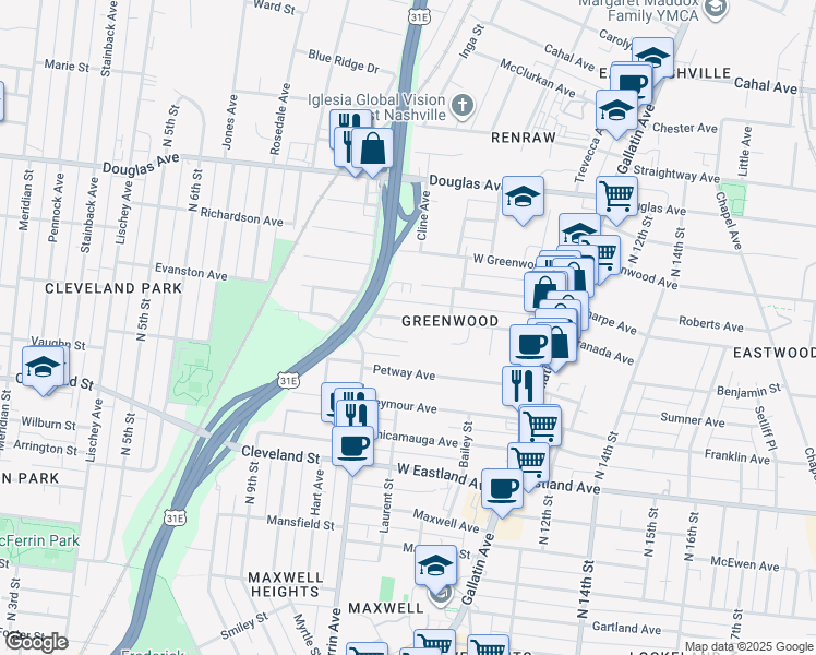 map of restaurants, bars, coffee shops, grocery stores, and more near 913 Granada Avenue in Nashville