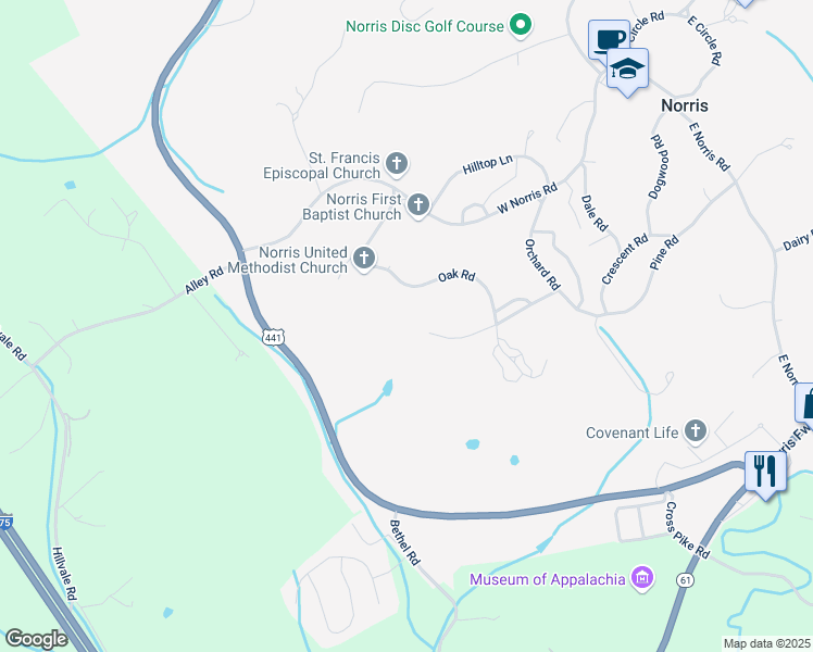 map of restaurants, bars, coffee shops, grocery stores, and more near 116 Oak Road in Powell