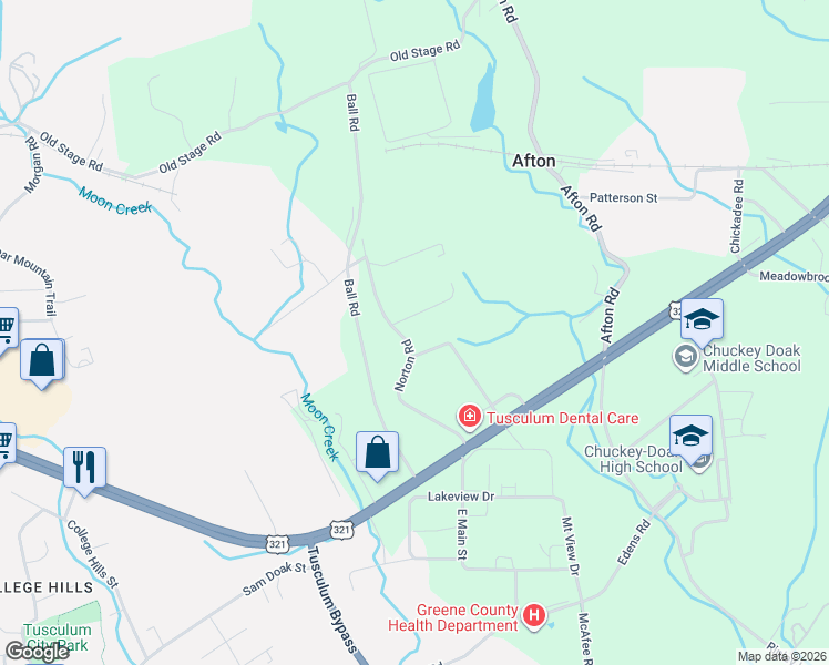 map of restaurants, bars, coffee shops, grocery stores, and more near 370 Norton Road in Greeneville