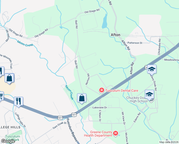 map of restaurants, bars, coffee shops, grocery stores, and more near 370 Norton Road in Greeneville