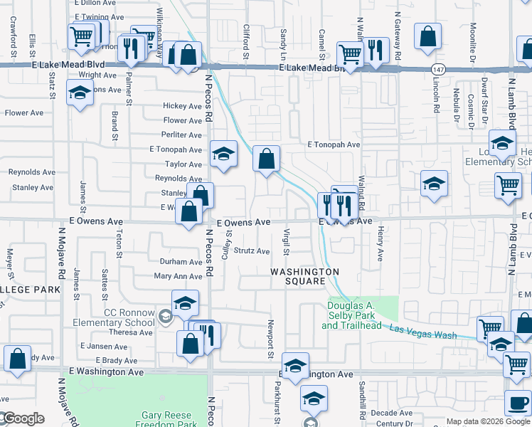 map of restaurants, bars, coffee shops, grocery stores, and more near 1617 Walnut Falls Court in North Las Vegas