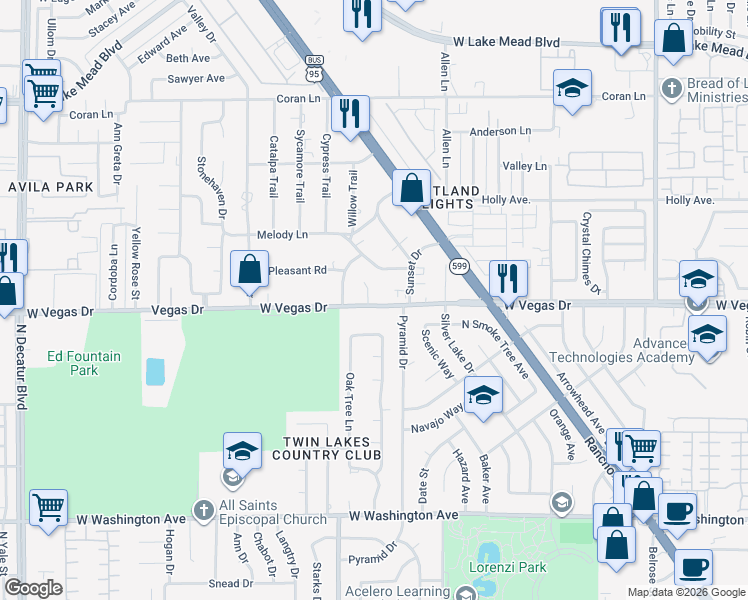 map of restaurants, bars, coffee shops, grocery stores, and more near 3900 Vegas Drive in Las Vegas