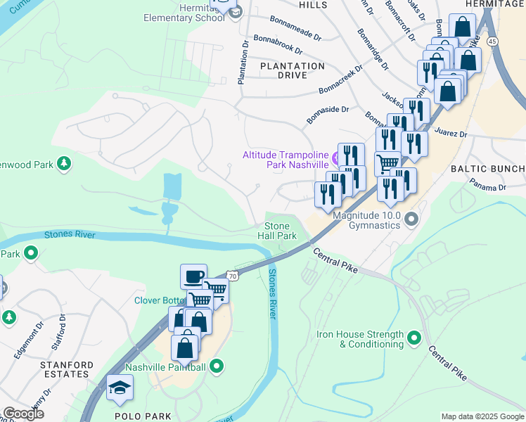 map of restaurants, bars, coffee shops, grocery stores, and more near 4100B Stone Hall Boulevard in Nashville